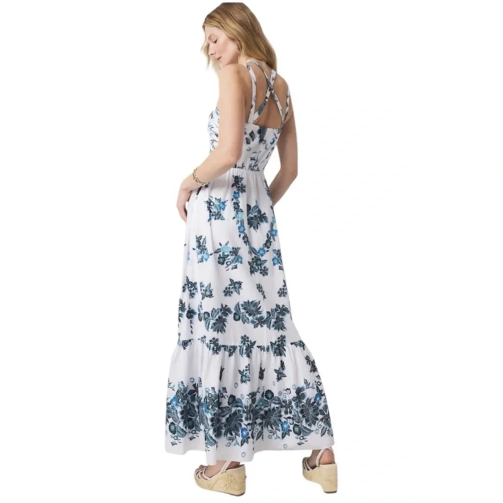 NWT White House black market rain floral halter maxi spcl blue dress size 8 - Picture 3 of 5